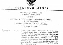 Peraturan Gubernur Jambi tentang Larangan Aktifitas Jemaat Ahmadiyah di Provinsi Jambi